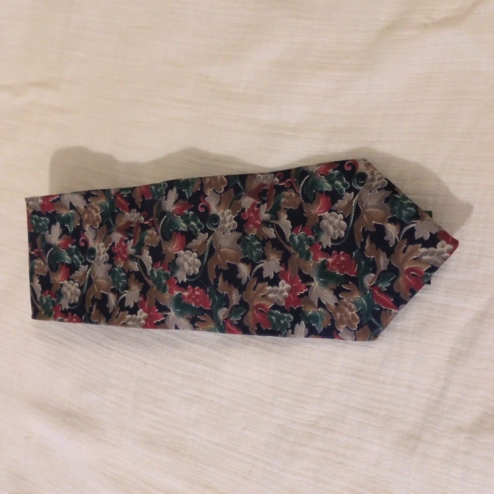 Christian Dior Neck Tie Leaf And Berry Pattern Green Red Navy Brown